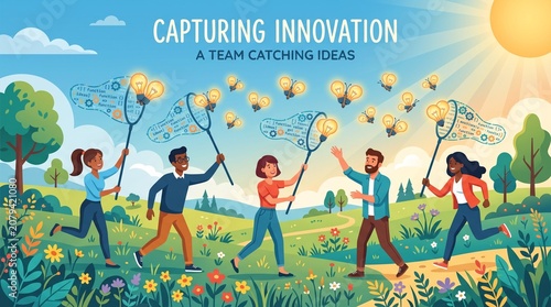 Vector illustration of a diverse software development team catching flying lightbulb butterflies with nets, symbolizing innovation, brainstorming, and creative technology ideas