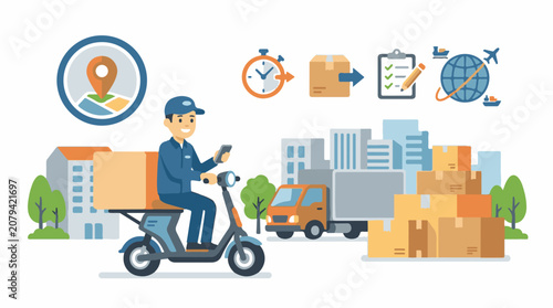 A delivery person on a scooter with a package navigating through a city with various logistics icons