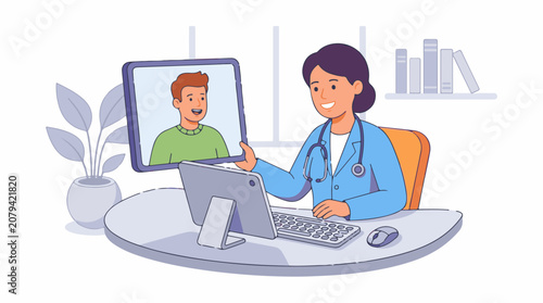 A female doctor video chats with a male patient on a computer