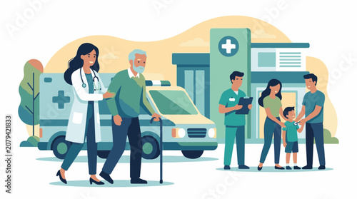 A female doctor escorts an elderly man with a cane in front of a hospital with an ambulance and medical staff