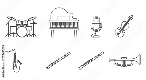 Bild auf Leinwand Musical Instruments Line Art Icons On White Background