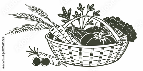 Illustration of harvest basket filled with vegetables and wheat stalks vegetable agriculture nutrition vegetarian ingredients homestead