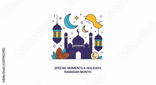Ramadan celebration with mosque lanterns dates and celestial elements