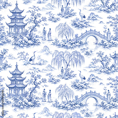 Seamless blue chinoiserie toile pattern with pagodas, arched bridge, cranes, willow trees, mountains, and traditional garden figures on white