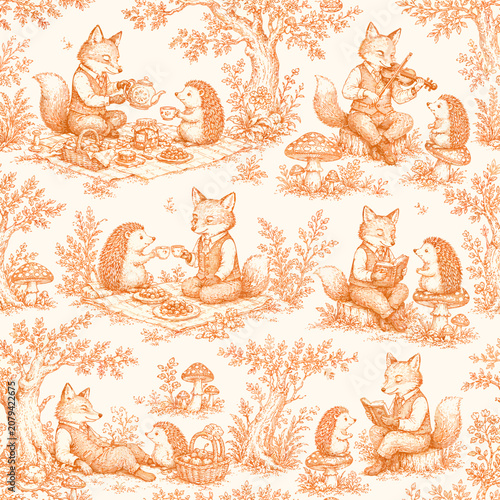 Seamless whimsical woodland toile pattern featuring foxes and hedgehogs having tea, reading, playing violin, and resting among mushrooms, trees, and autumn foliage