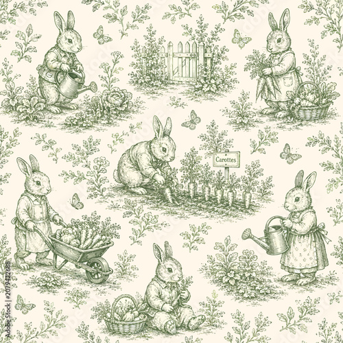 Seamless vintage rabbit garden pattern with bunnies watering plants, harvesting carrots, carrying baskets, and working in a vegetable patch with butterflies and foliage