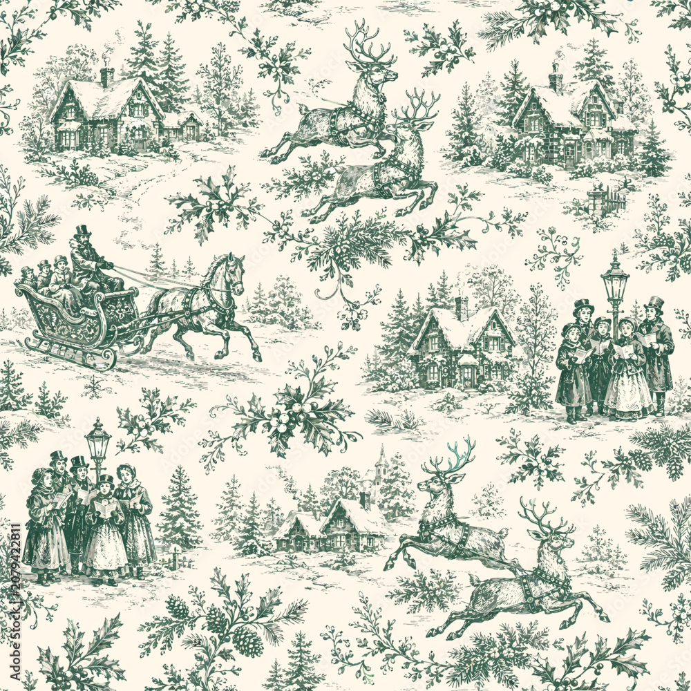 Obraz premium Seamless Christmas toile pattern with reindeer, horse sleigh, carolers, snowy cottages, holly, pine branches, and vintage winter village scenes in green line art