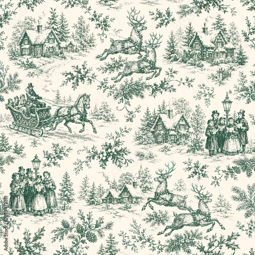 Seamless Christmas toile pattern with reindeer, horse sleigh, carolers, snowy cottages, holly, pine branches, and vintage winter village scenes in green line art