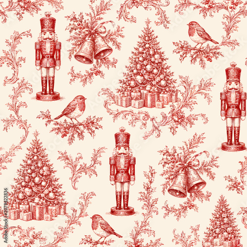 Seamless red Christmas toile pattern with nutcrackers, decorated trees, bells, robins, holly branches, gifts, and festive vintage holiday ornaments