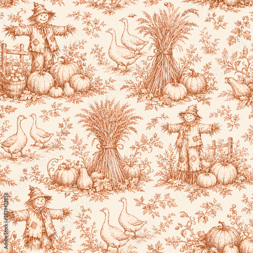 Seamless autumn harvest toile pattern with pumpkins, scarecrows, wheat sheaves, geese, gourds, oak leaves, and rustic farmhouse seasonal details