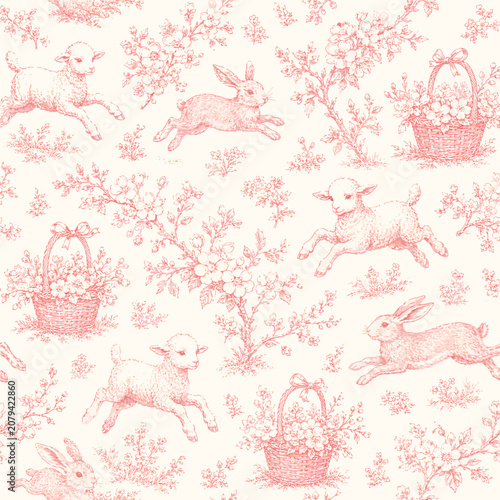 Seamless pink Easter toile pattern with spring lambs, rabbits, flower baskets, blossom branches, and soft vintage garden line art on a cream background
