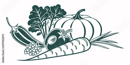 Stylized vegetable harvest illustration with pumpkin and carrot vegetables broccoli illustration agriculture vegetarian seasonal nutrition