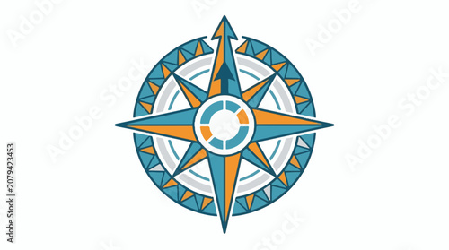 A stylized compass rose with teal and orange points on a white background