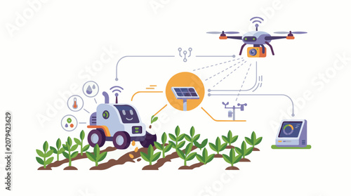 A tractor and drone monitor and nurture a field of plants with technology