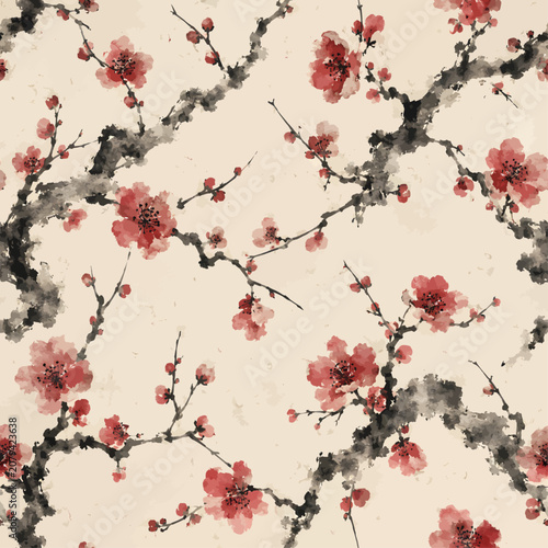 Seamless sumi-e plum blossom pattern with red watercolor flowers and black ink branches on textured cream paper.