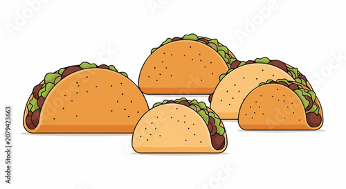 A vibrant cartoonish cluster of five hard-shell tacos overflowing with fillings