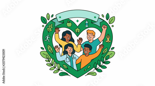 Diverse people in heart shaped green.