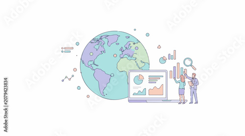 Diverse people analyze global data with charts laptop and magnifying glass