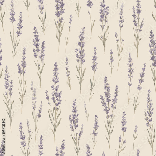 Seamless lavender floral pattern with purple herb sprigs, soft green stems, and linen-textured background for spa, wellness, and packaging design.