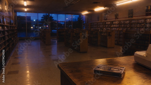 Vintage Video Rental Store at Dusk with VHS Tape and Analog Nostalgia