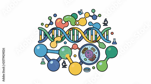 Colorful illustration of DNA cells and laboratory equipment (6)
