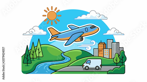 Colorful illustration of airplane flying over city river and road