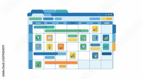 Colorful icons representing business growth communication and ideas in a project timeline grid