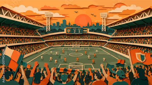 Layered papercut soccer stadium scene with cheering crowd, match on the field, flags, scoreboard, and orange sunset atmosphere for sports event promotion
