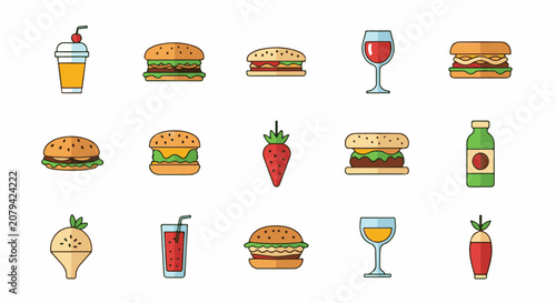 Collection of colorful flat-design icons representing fast food and drinks
