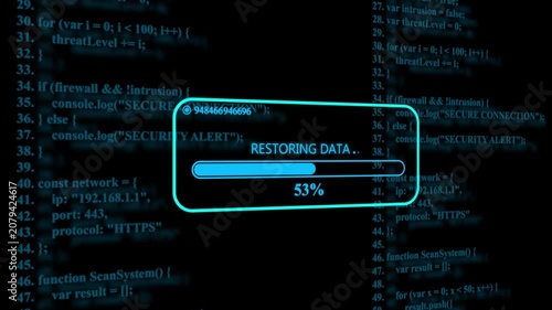 Restoring data status bar with thirty one percent loading progress displayed over scrolling computer code on a dark blue digital screen background