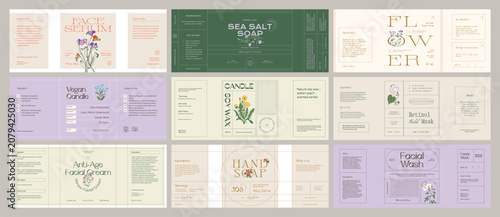 Whimsical beauty and cosmetics label collection featuring hand-drawn ink botanical sketches. Ideal for branding, packaging, and identity design.
