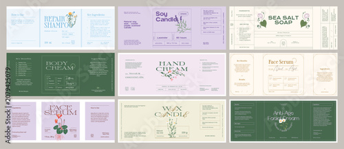 Whimsical beauty and cosmetics label collection featuring hand-drawn ink botanical sketches. Ideal for branding, packaging, and identity design.