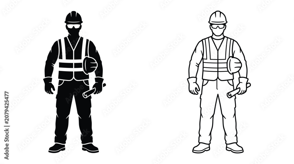 Obraz premium Construction worker silhouette illustration black and white vector graphic