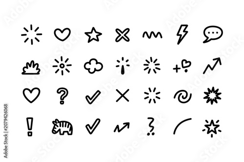 Hand Drawn Doodle Icon Set. Hearts, Stars, Arrows, Speech Bubble, Check Marks, Sparkles, Clouds, Symbols and Abstract Shapes. Vector Illustration. Editable Stroke.