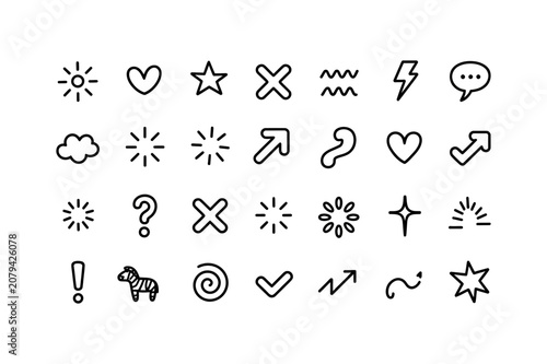 Hand Drawn Doodle Icon Set. Hearts, Stars, Check Marks, Arrows, Speech Bubble, Sparkles, Clouds, Lightning and Abstract Symbols. Vector Illustration. Editable Stroke.