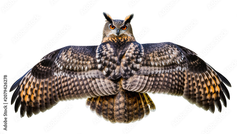 Obraz premium Isolated majestic owl with impressive spread wings and intense orange eyes looking directly