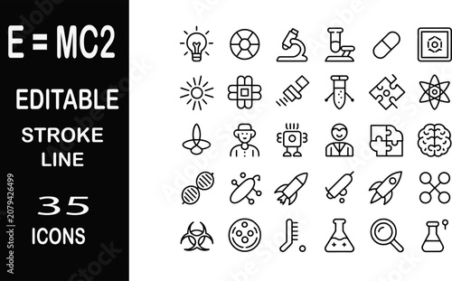 Science and Technology Icons: A collection of 35 editable stroke line icons representing various scientific and technological concepts, including E=MC², lightbulb, microscope, atom, rocket, and DNA.