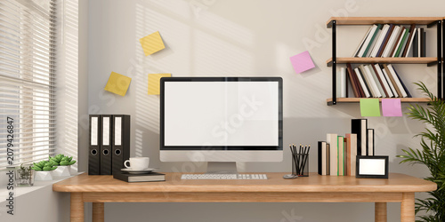 Modern minimalist home office workspace setup with computer blank screen mockup, 3D rendering.