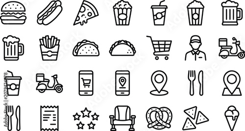Vector line icon set of online food ordering fast food delivery tracking restaurant menu items movie theater concessions and takeaway meals dashboard widgets