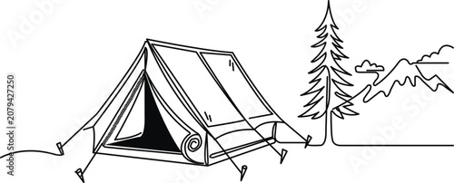 Quadro su tela Simple line art camping tent with entrance flap and ground line