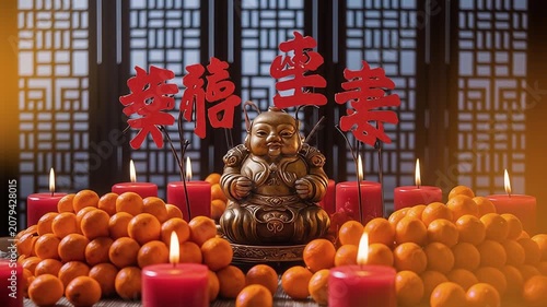 Golden Laughing Buddha figurine among mandarins and red candles against Chinese calligraphy backdrop — symbol of luck, prosperity, and Lunar New Year