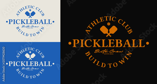 Illustration vector set of vintage retro classic pickleball logo feauturing crossed rackets and pickle ball with stamp badge emblem style suitable for pickleball branding design identity