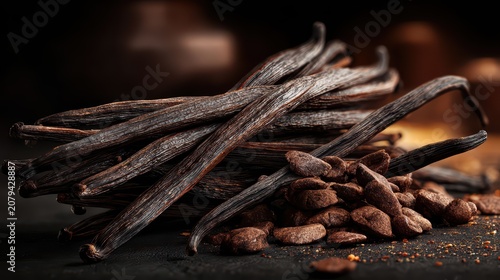 Premium Vanilla Pods and Natural Vanilla Beans on Dark Rustic Background