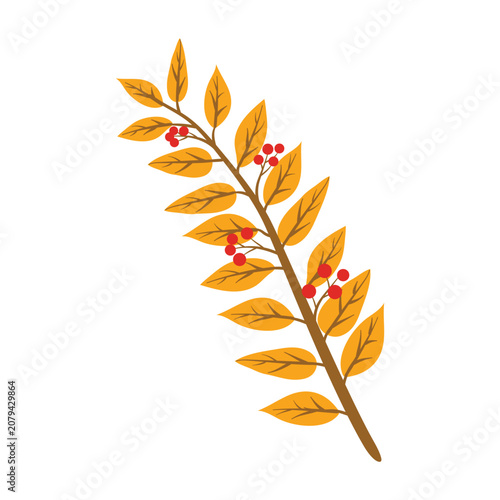 Autumn branch with yellow leaves and red berries