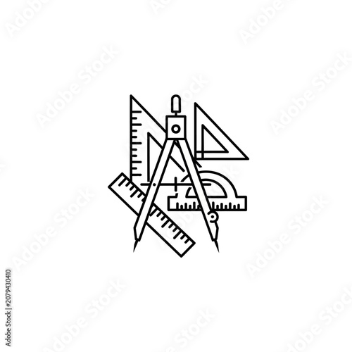 Geometric Tools Set: Compass, Rulers, Set Square, Protractor - Line Art Icon