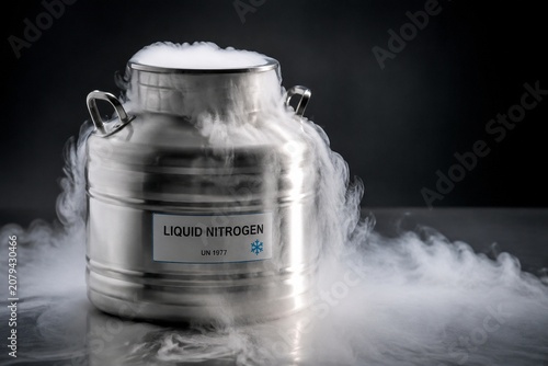A stainless steel tank releasing a slow cascade of white cold mist across its metallic surface.