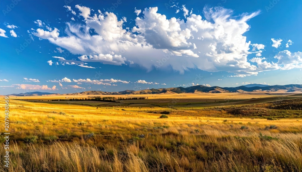 Fototapeta premium Golden Prairie Under a Dramatic Sky with Wispy Clouds.