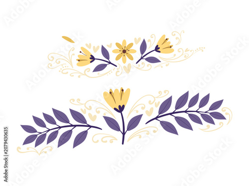 Set of floral decorative elements with yellow flowers and blue leaves
