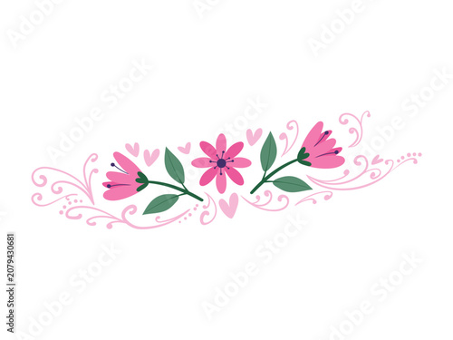 Decorative floral border with pink flowers, green leaves, and swirling heart ornaments
