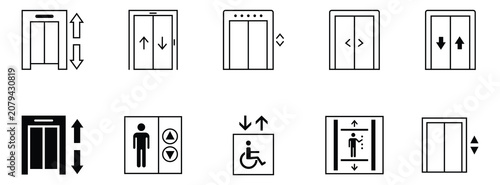 Collection of elevator icon set with black line icons. Elevator icon with up and down arrows. Elevator door icons set in various design. Vector illustration. 